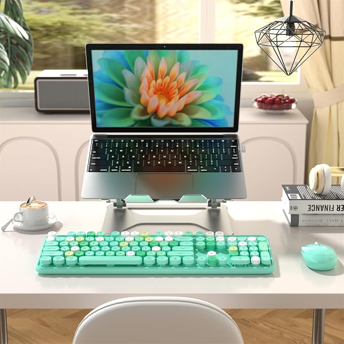 MPTOG Colorful Wireless Computer Keyboard and Mouse Combo (Green-Colorful) | Retro Round Typewriter Keycaps, Power Switch, Ergonomic Design, 2.4GHz Wireless for Windows, Mac, PC - Image 3