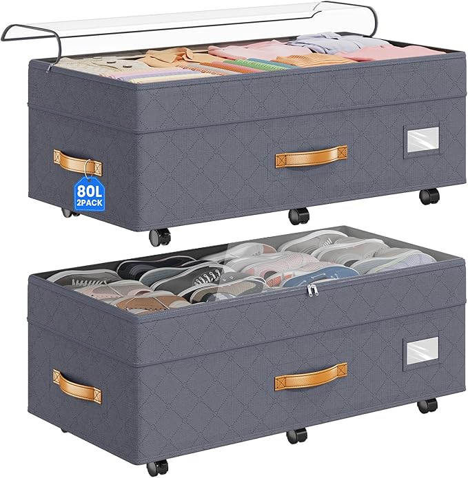 Budding Joy 80L 2 Pack Adjustable Under Bed Storage Containers with Wheels | Rolling shoe storage organizer with clear lids and label for dorm home clothes, blankets, toys, easy to install, grey by BuddingJoy-BuildaJoyfulLifeforYou