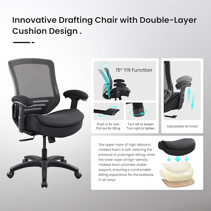 BOLISS 400lbs Ergonomic Office Chair Mid Back Double Seat Cushion | Height Adjustable Arms Mesh Ergonomic Super Soft Wide Cushion Office Computer Desk Chair - Image 4