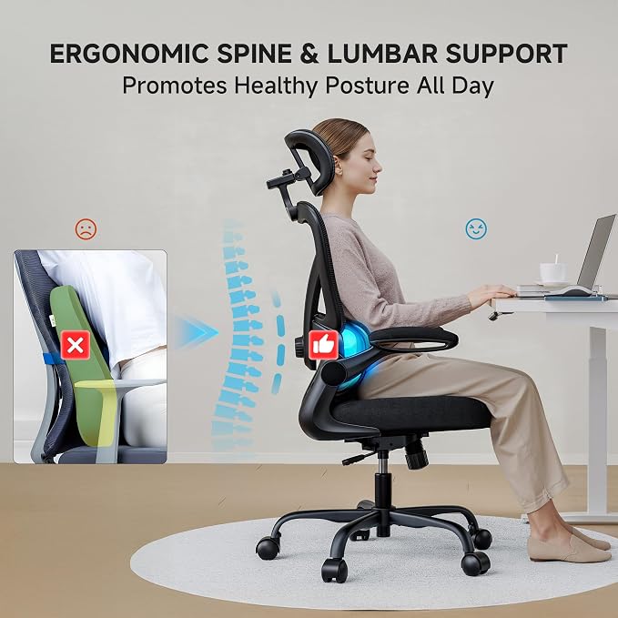 Ergonomic Office Chair, 330LBS Desk Chair with 3-Level Lumbar Support & Headrest, Breathable Mesh Backrest, Flip-Up Armrests for Home Office and Gaming, Black - Image 9