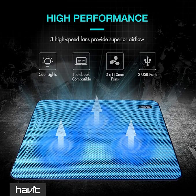 Havit HV-F2056 15.6-17 Inch Laptop Cooler Cooling Pad - Slim Portable USB Powered (3 Fans) (Blue) | Three quiet USB-powered fans circulate air below the laptop, two height settings improve viewing and typing comfort - Image 2