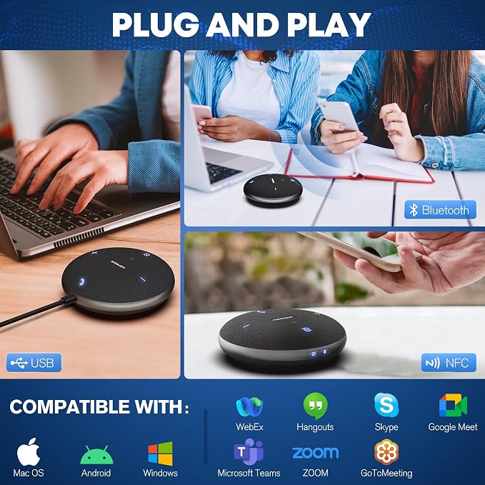 Conference Call Speaker and Microphone for Teams, Zoom, Home Office, Black | AI noise reduction, 360° voice pickup, 4-mic array, full-duplex, 16 ft range, Bluetooth, NFC, USB, up to 8 hours, mobile work - Image 5
