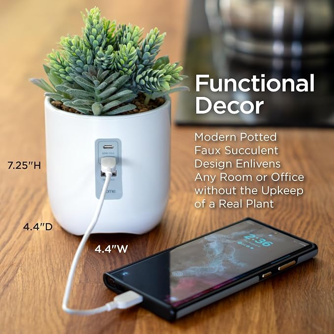 iHome PowerPlant Charging Station, Faux Succulent with USB Charging Station for iPhone, Android, and More – White (iPP45) - Image 5