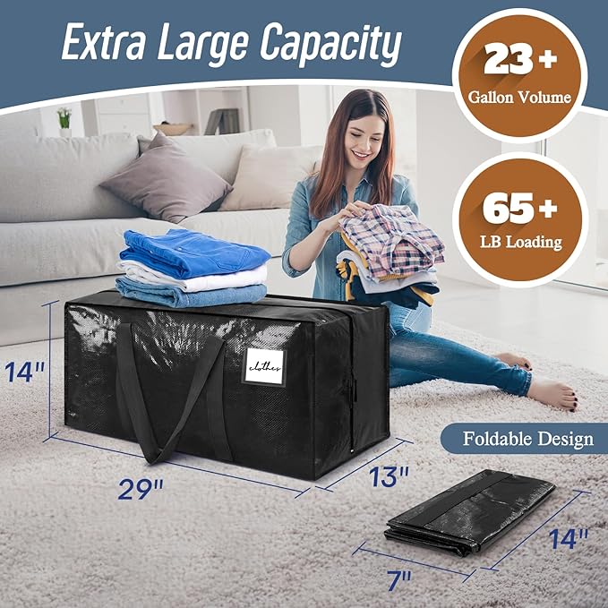 6 Pack Extra Heavy Duty Large Moving Bags with Strong Zipper, Black | Comfortable Handles, Sturdy & Durable Clothes Storage Bags Totes Bins, Blue Packing Moving Boxes for College Supplies - Image 3