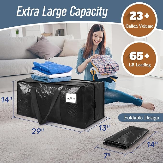 12 Pack Extra Heavy Duty Large Moving Bags with Strong Zipper, Black | Comfortable Handles, Sturdy & Durable Clothes Storage Bags Totes Bins, Blue Packing Moving Boxes for College Supplies - Image 3