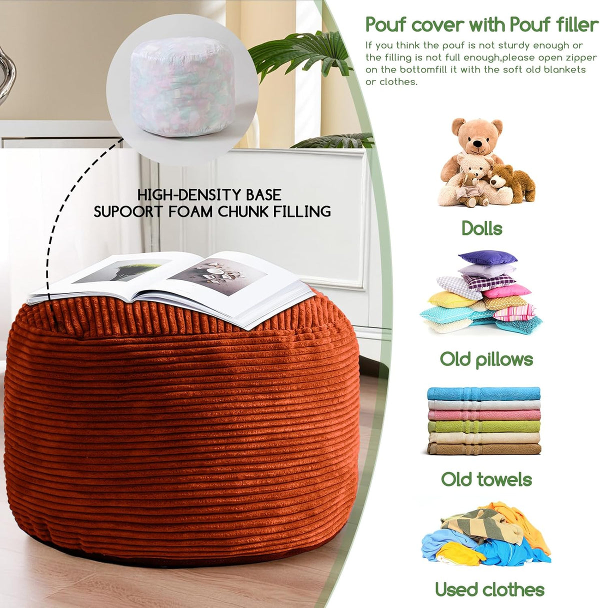 HIGOGOGO Round Stuffed Pouf Ottoman, Corduroy Poufs with Foam Chunk Filling, Furry and Fluffy Pouf Foot Stool Storage Ottoman, 20 X 15 Floor Poufs Foot Rest for Living Room, Terra Cotta - Image 5