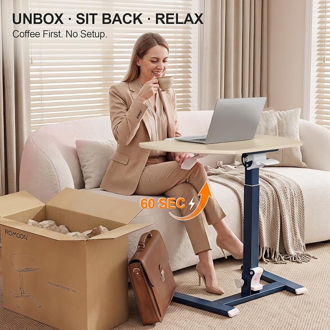 ROMOON Foldable Standing Desk, No-Assembly Height Adjustable Portable Desk | Rolling Laptop Cart with Wheels and Tilt Top, Mobile Workstation for Classroom, Home Office, Small Spaces, Sofa, Oat Yellow - Image 5