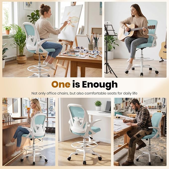 Drafting Chair Tall Office Chair with Flip-up Armrests Executive Ergonomic Computer Standing Desk Chair with Lumbar Support and Adjustable Footrest Ring（Light Blue） - Image 5