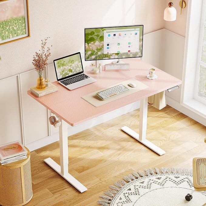 40" Pink Electric Standing Desk Height Adjustable for Home Office | 3 Memory Presets, Rear Cable Notch, Dual Side Hooks, Stand Up Desk for Bedroom, Study room, Home Office and Vanity Space - Image 2