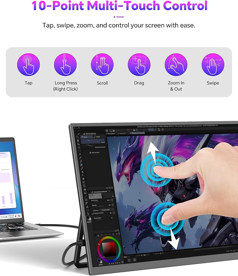 15.6" Portable Monitor Touchscreen, 1080P 10-Point Touch Portable Monitor | 1500:1 USB-C HDMI Travel Screen w/ Sleeve Bag & Speaker, 2nd External Display for Laptop Mac PC Phone Tablet, VESA Mountable - Image 2