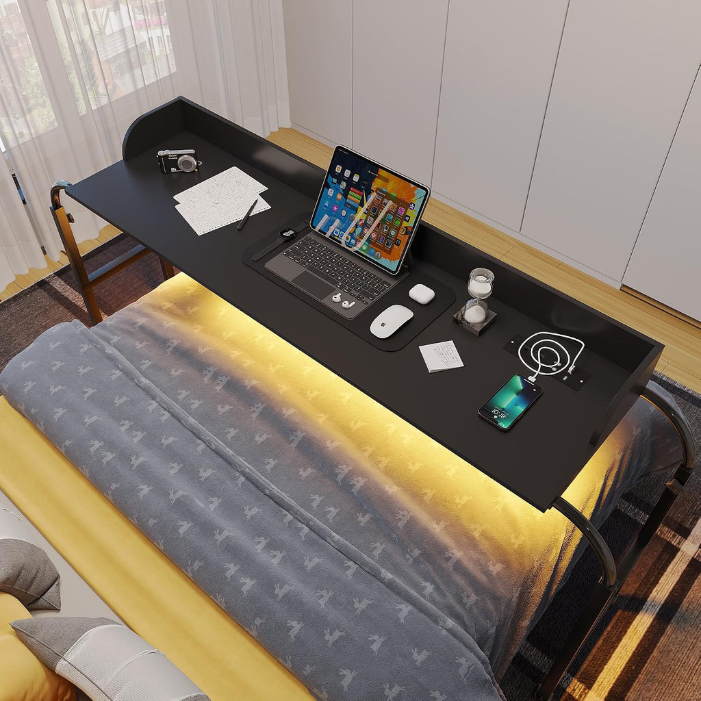 HWB Over Bed Desk with LED Light, Wheels & Charging Station, Black by HWB