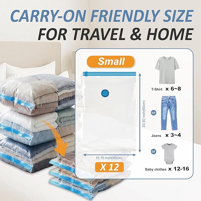 Vacuum Storage Bags with Hand Pump, Vacuum Seal Space Saver Bags,12 Small | 80% Space-Saving Bags for Clothes & Travel Essentials; Double-Zip Airtight Seal; For Luggage, Home & Travel Storage - Image 3