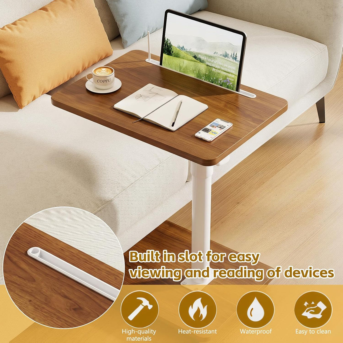 CAIYUN C Shaped Side Table, Height Adjustable Swivel 360° Rotating, End Table for Small Spaces, Sofa Side Table with Metal Frame for Living Room, Bedroom, Oak - Image 5