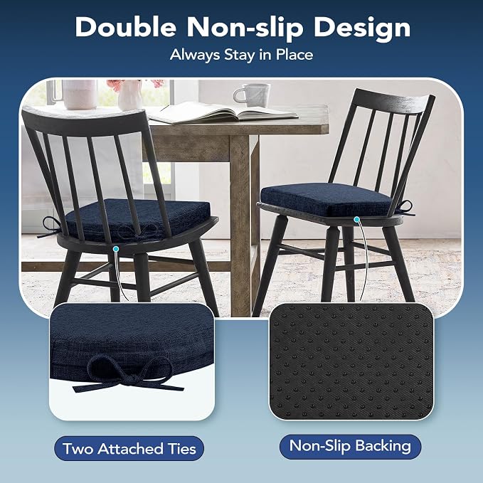 Chair Cushions for Dining Chairs, Non Slip Chair Pads with Ties and Washable Covers, Memory Foam Kitchen Chair Cushions Set of 4, 16"X16"X2.5", Navy - Image 5