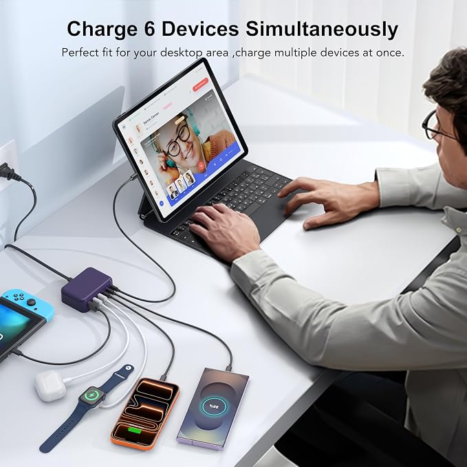 USB C Charger Block, GaN Fast USB Charging Station Hub with 100W Max 6-Port | 3 USB-C & 3 USB-A Compact Desktop Charger for Home Office, PD20W USB Power Strip for iPad iPhone 17 16 15 14 Pro Max Galaxy - Image 5