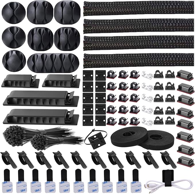 311Pcs Cable Management Organizer Kit 4 Cable Sleeve Split | 53Cable Clips 12Cord Clips Holder,22 Cable Ties, 20 Adhesive Wall Cable Tie, 200Fasten Cable Ties for TV Office Home by DRIVUU