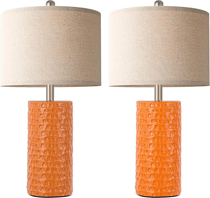 23" Modern Ceramic Table Lamp Set of 2, Table Lamps for Living Room, Rustic Farmhouse Bedside Lamps Nightstand lamp for Bedroom, Desk Lamp for End Table Home Decor Orange - Image 2