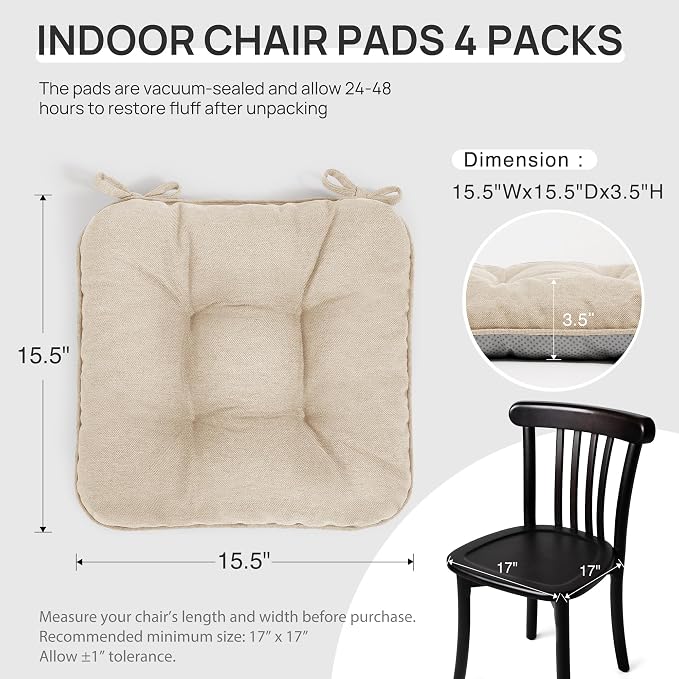 Love's cabin Memory Foam Chair Cushions Set of 4, Outdoor/Indoor Chair Pads for Dining Chairs 4 Pack, Seat Cushions for Kitchen, Dining Room, Office, Patio Chairs, 15.5" x 15.5" x 3.5" Khaki | 15.5"x15.5"x3.5", Indoor & Outdoor Chair Seat Pads with Non... - Image 2