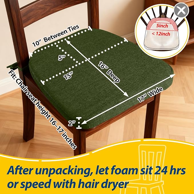 AAAAAcessories D-Shaped Chair Cushions, 2" Thick Dining Chair Pads with Ties and Removable, Machine-Washable Cover, 17" x 16", Set of 8, Dark Olive Green - Image 2