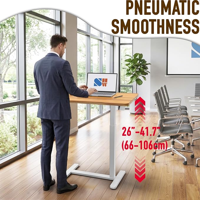 SHW Height Adjustable Mobile Laptop Desk w/Pneumatic Lift, Oak | Height Adjustable from 26" to 41.7" | Compact C-Shaped Side Table for Home Office and Bedside - Image 6