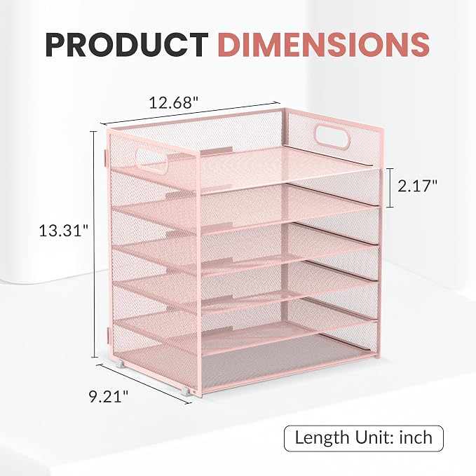 Daltack 6-Tier Paper Organizer for Desk with Handle, Pink | Sturdy Metal Mesh Organizer with Movable Middle Trays and a Carry Handle for Papers, Folders and Office Supplies - Image 3