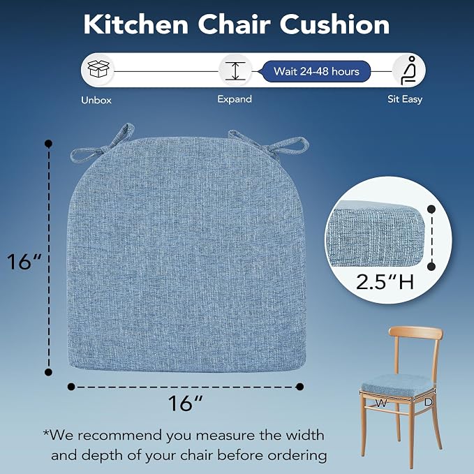 Chair Cushions for Dining Chairs, Non Slip Chair Pads with Ties and Covers, Memory Foam Kitchen Chair Cushions Set of 6, 16"X16"X2.5", Light Blue - Image 2