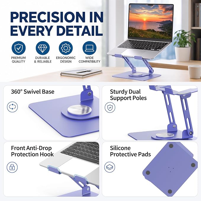 SOUNDANCE 360 Rotating Laptop Stand, Ergonomic Computer Riser for Desk, Adjustable Height Multi-Angle Metal Holder, Foldable Portable Notebook Elevating Base for Office & Home, Purple - Image 9