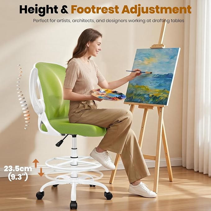 Drafting Chair Tall Office Chair with Flip-up Armrests Executive Ergonomic Computer Standing Desk Chair with Lumbar Support and Adjustable Footrest Ring (Green) - Image 6