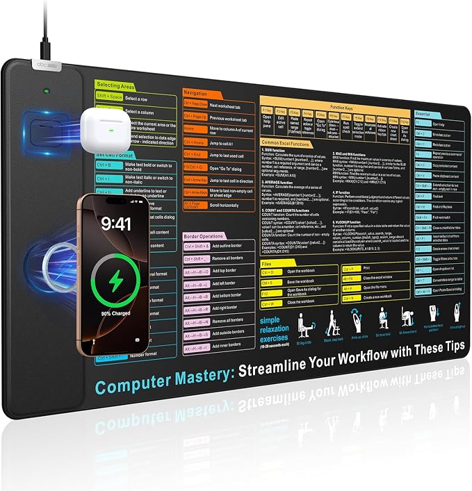 Wireless Charging Mouse Pad, 31.5"x15.8" Big Excel Cheat Sheet Desk Pad | Office Spreadsheet Keyboard Mat, Waterproof Ultra-Smooth Surface, Non-Slip Stitched Edge by abcmat