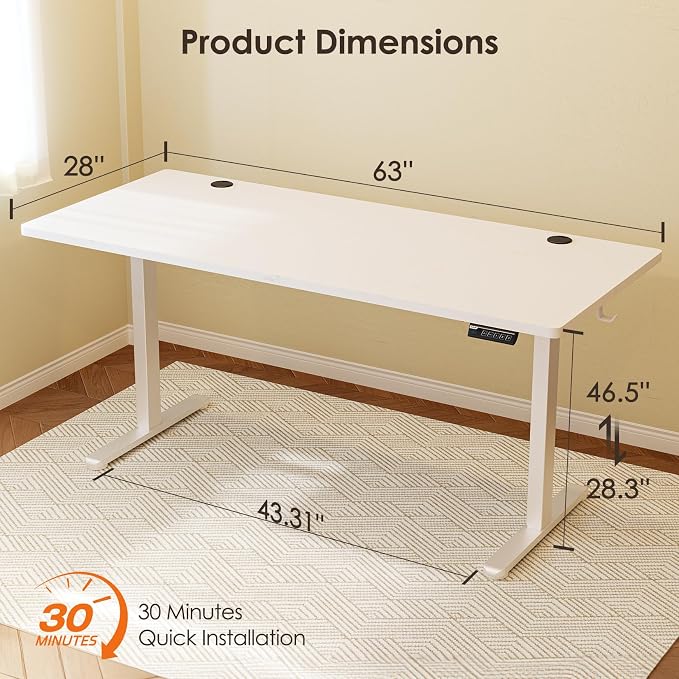 Monomi Electric Standing Desk 63"x28" Height Adjustable Sit Stand Desk | Ergonomic Home Office Computer Gaming Desk with Memory Preset Controller and Anti-Collision,White - Image 2