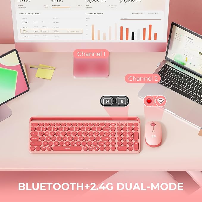 seenda CTU-301 Bluetooth Keyboard and Mouse Combo for iPad,Coral Pink | Bluetooth+2.4G combo with tablet holder, full-size keys and quiet clicks for iPad, iPhone, Mac, Windows and Android. - Image 2