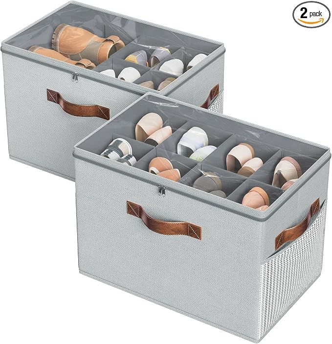 2 Pack Shoe Organizer for Closet, Foldable Shoe Storage with Adjustable | Farbic shoe storage organizer box bin with clear cover, fits up to 16 pairs, shoe storage box for closet, entryway, gray by BuddingJoy-BuildaJoyfulLifeforYou