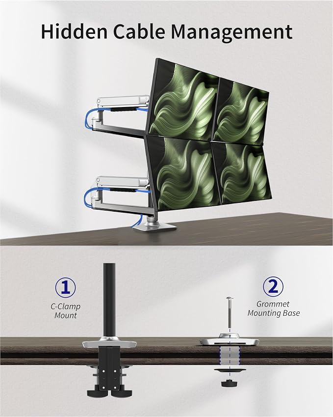 Heavy Duty Quad Monitor Mount Desk Stand, Mechanical Spring 4 Monitor Arm Fits Four 13-40 Inch Screens up to 25 lbs Each, Fully Motion VESA Mount Base (C-Clamp/Grommet), Premium Aluminum, Silver - Image 6