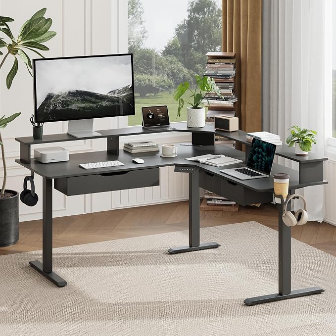 MALOL 59" L Shaped Electric Standing Desk with Drawers, Height Adjustable Desk with Power Outlets & LED Lights, Monitor Stand, Corner Computer Desk for Home Office, Black by MALOL