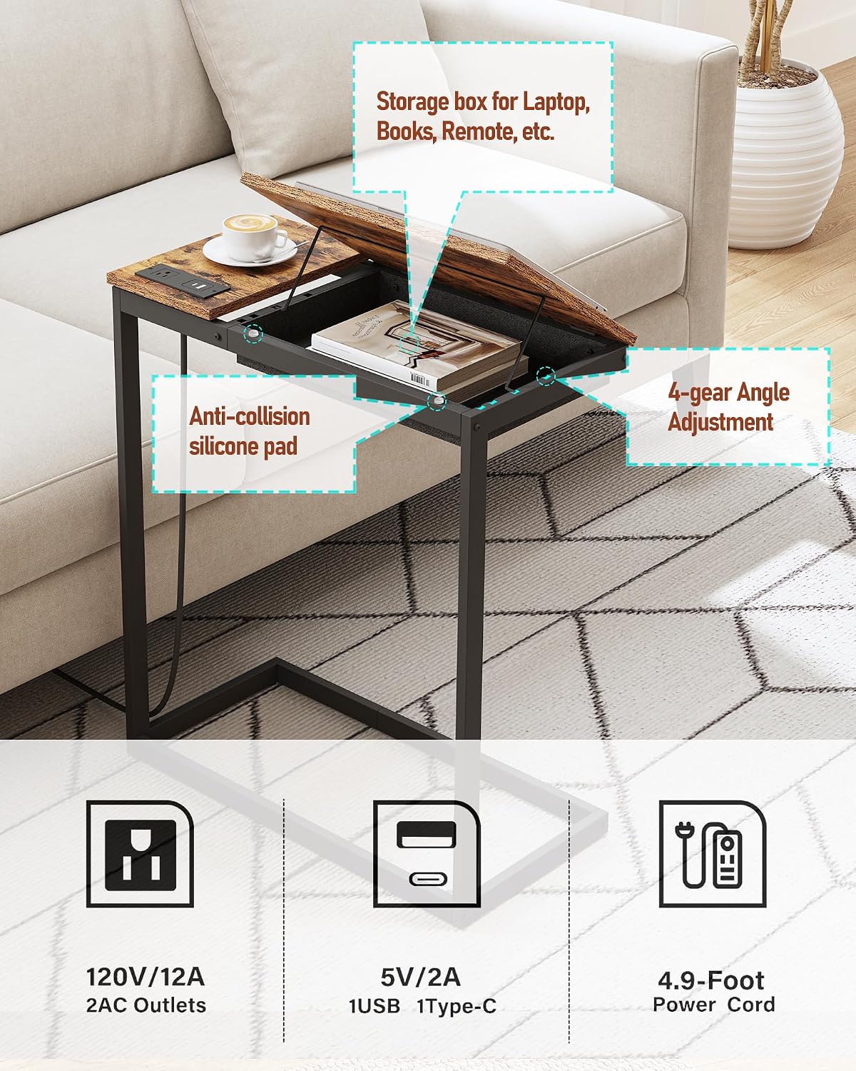 TUTOTAK Large C Shaped End Table, Side Table with Charging Station C Table - Image 5