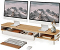 Fenge Dual Monitor Stand with Large Storage Drawer, 42.5" Dsek Shelf, Oak | Slide-Out Drawer with Soft Touch Leather, Ergonomic Monitor Riser, Aluminum leg, 2-Tier Desk Organizer for Laptop, TV, PC by Fenge