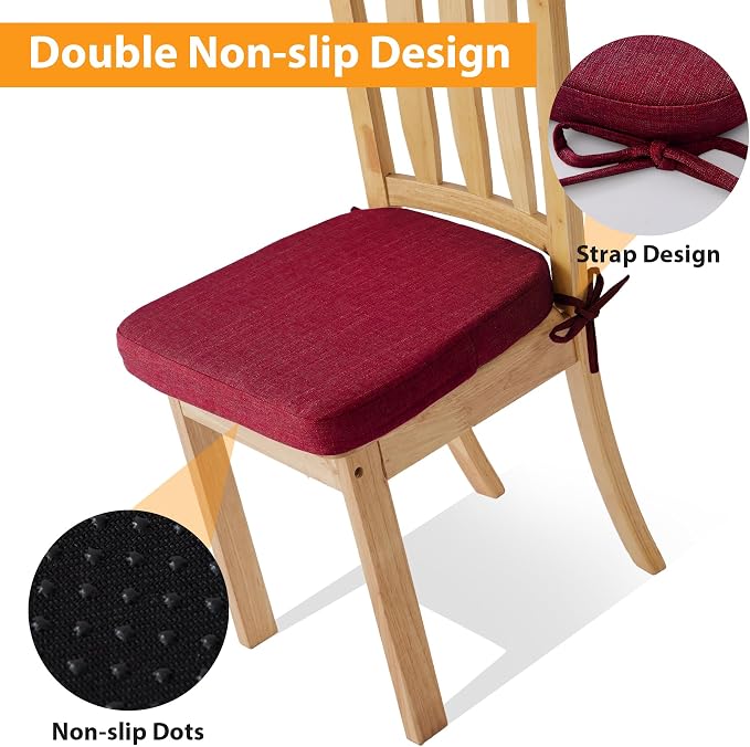 Ruqmuis Chair Cushions for Dining Chairs, 2" Thick Seat Cushions for Kitchen Chairs, D-Shaped Chair Pads with Washable Cover, Ties and Non Slip Backing, 17'' x 16'', Set of 4, Red - Image 3