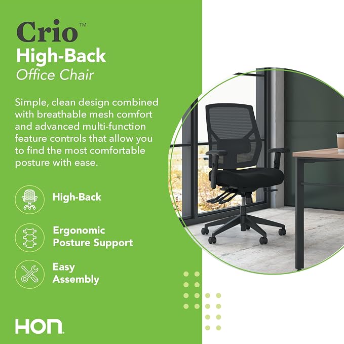 HON Crio Ergonomic Office Chair, Office Desk Computer Chair, Black | High back ergonomic desk chair with lumbar support, adjustable arms, advanced tilt, rolling seating for home office decor - Image 3