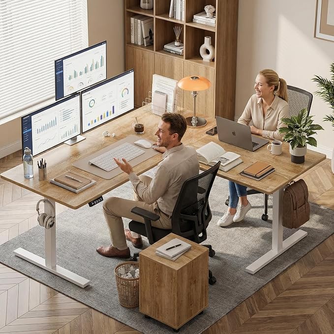 Grandder 63 x 55 Inch L Shaped Standing Desk, Electric Height Adjustable Corner Stand Up Desk, Sit Stand Corner Table Home Office Table, Oak Top White Frame - Image 2