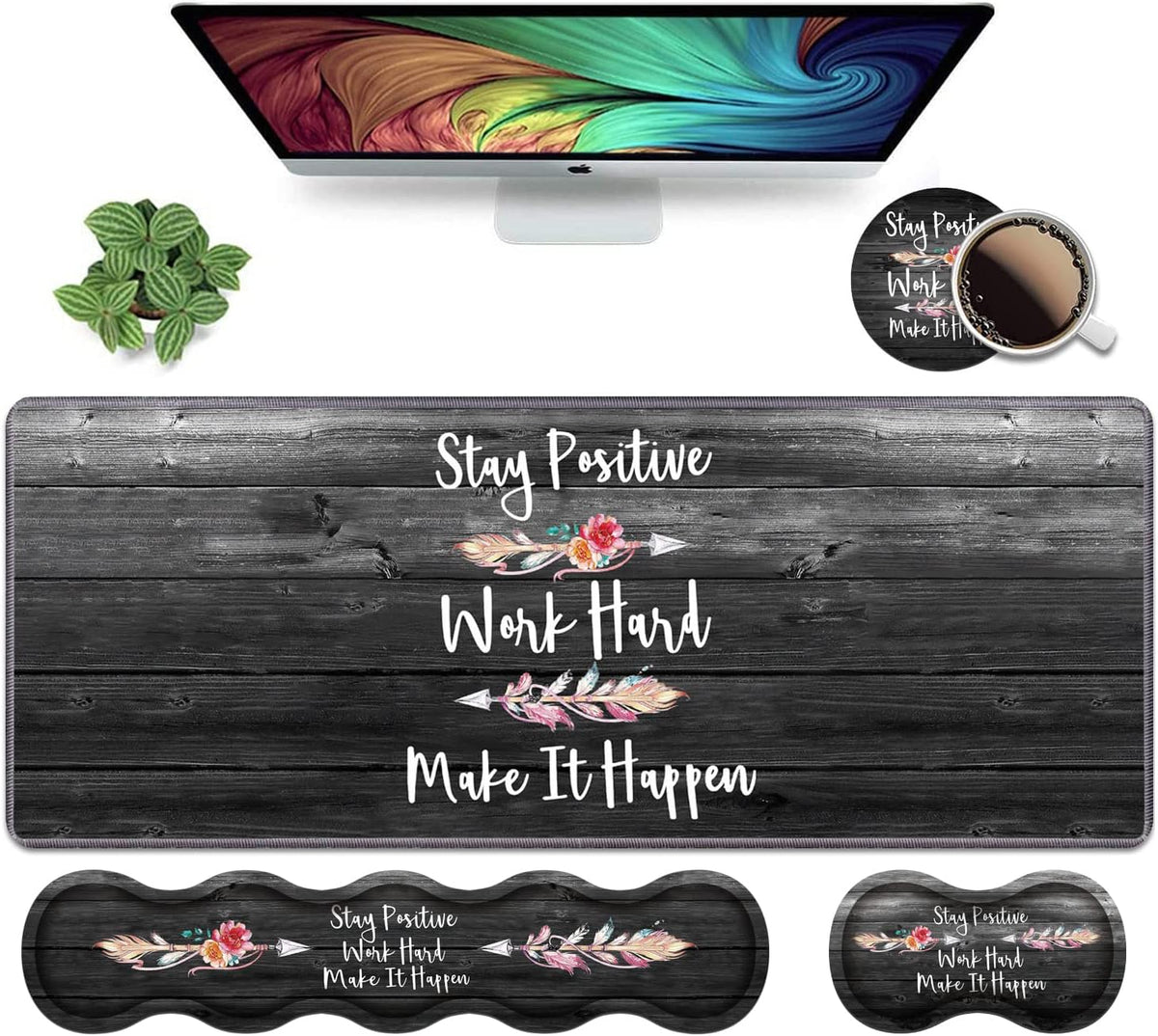 Ergonomic Keyboard Wrist Rest & Mouse Pad Wrist Rest Set, Stay Positive Work Hard and Make It Happen Pattern Inspirational Quote Large XXL Gaming Desk Mat, Memory Foam, Easy Typing Pain Relief by TBXOSTN