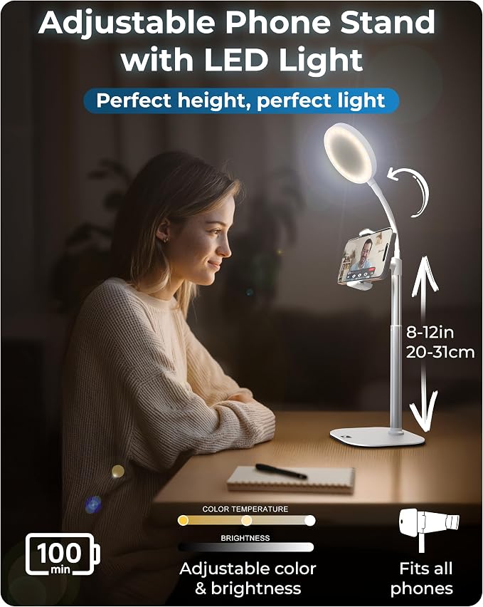 COOPER ChatStand Halo Sturdy Phone Stand for Recording with Light for Desk | 9-13" Adjustable, Weighted Base, iPhone Stand & Phone Holder, Ring Light Tripod for Video Recording, Filming, Fits all Phones - Image 3