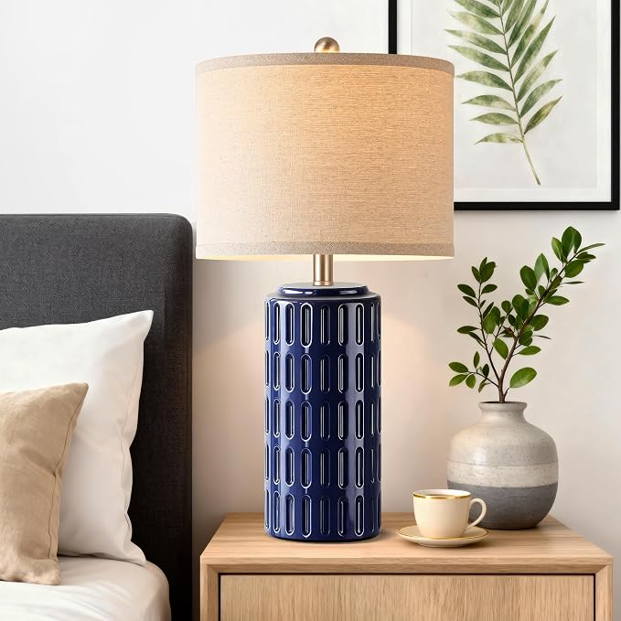 23" Farmhouse Modern Ceramic Table Lamp Set of 2 - Navy Blue Bedside Lamps for Bedroom & Living Room, Nightstand, Desk, End Table - Image 8