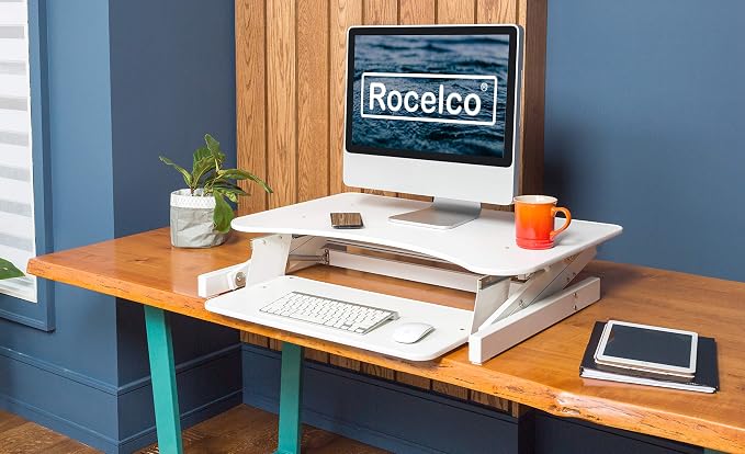 Rocelco 32" Height Adjustable Standing Desk Converter with Anti Fatigue Mat BUNDLE | Sit Stand Up Dual Monitor Riser | Computer Workstation | Large Retractable Keyboard Tray | White (R ADRW-MAFM) - Image 6