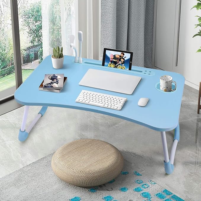 Slendor Foldable Lap Desk with Cup Holder for Bed, Couch, Floor | Portable,with USB Light, Fan, Pen Holder,Tablet Holder,for Laptop,Writing,Eating,Blue - Image 3
