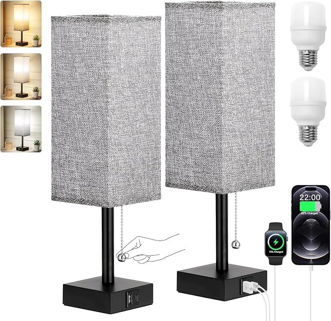 Set of 2 Grey Bedside Table Lamps for Bedroom - Nightstand Lamp, USB C+A | Pull Chain Lamp, 3 Color Modes(3000K/4000K/5000K), E26 LED Bulb Included, Square Grey Fabric Lampshade, for Read, Work, Dorm - Image 8