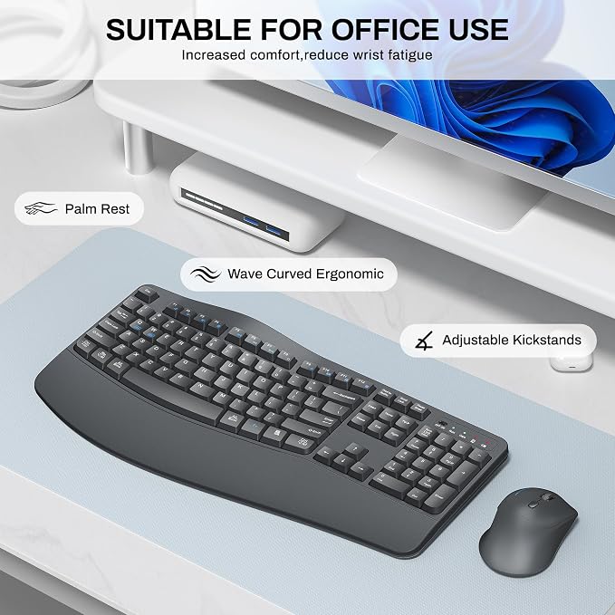 Wireless Keyboard and Mouse Combo,2.4G Full Size Ergonomic Wave Keys(Gray) | Cordless Keyboard with Wrist Rest,3-Level DPI Ergonomic Mouse for Office and Home,Windows/Mac OS/Desktop/Laptop/PC - Image 3