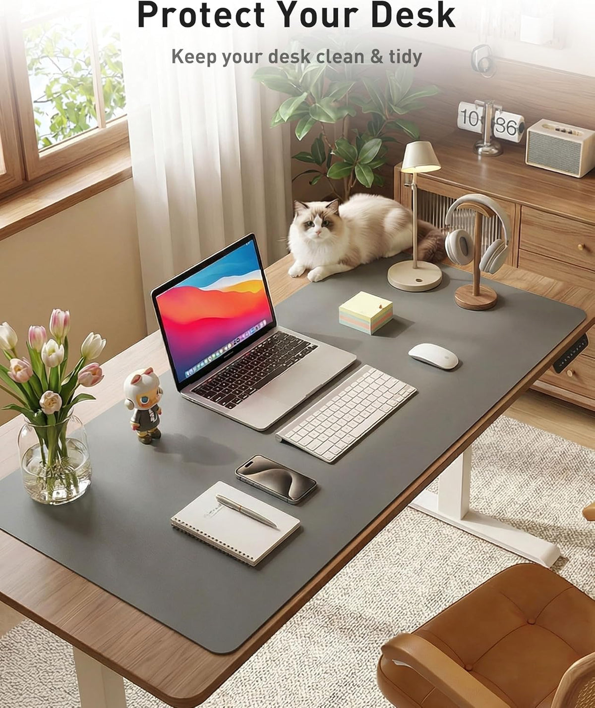 Aothia Faux Leather Desk Mat - Large Mouse Pad, Non-Slip PU Leather Blotter, Waterproof Writing Surface for Office and Home (Grey, 42" x 17") - Image 3