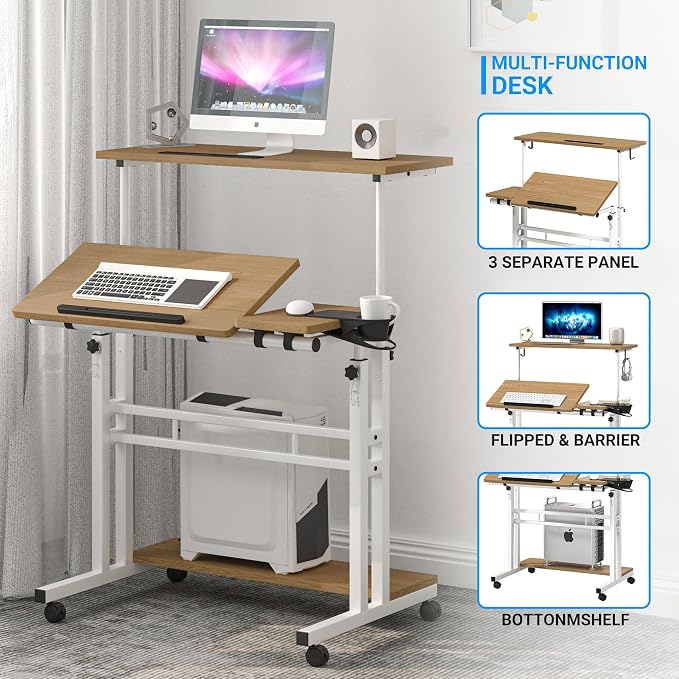 Mobile Standing Desk, Adjustable Rolling Computer Desk with 3 Desktops, Portable Laptop Table with Cup Holder, Home Office Laptop Workstation on Lockable Wheels,Khaki | Triple desktops, cup holder, lockable wheels, portable workstation, for home office - Image 7