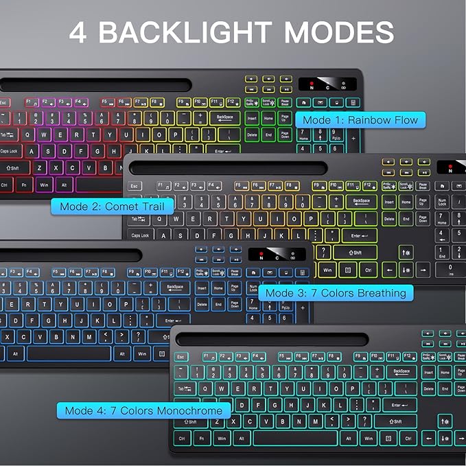 Soueto Wireless Keyboard with 7-Color RGB Backlit, Full-Size Computer Keyboard with Phone Tablet Holder, 2.4G Rechargeable Gaming Keyboard with Light Up Keys, Compatible with Mac, Windows (Black) - Image 3