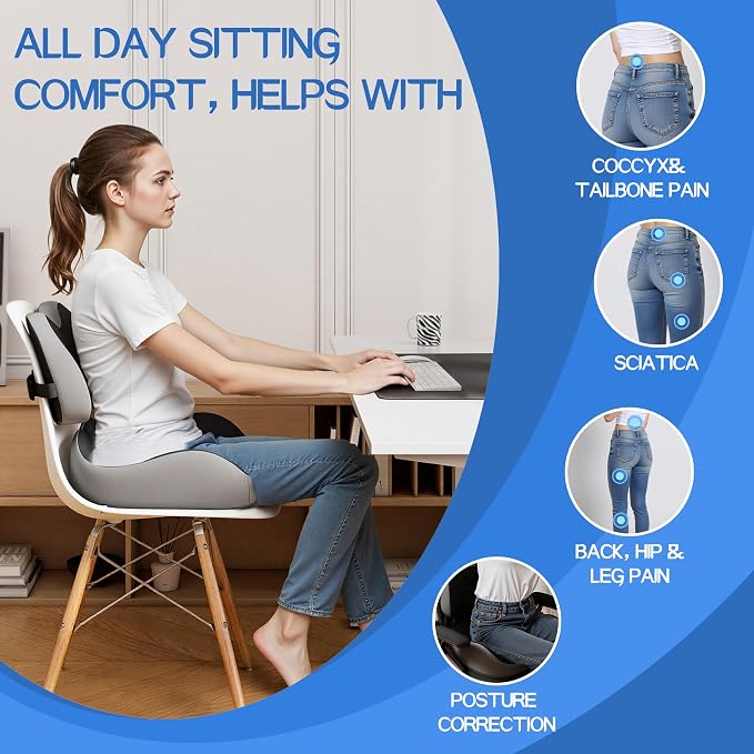 Benazcap Large Memory Foam Seat Cushion Lumbar Support Pillow for Sciatica & Tailbone Pressure Relief Coccyx Pad for Office Chair, Wheelchair, Car, Home, Office - Image 3